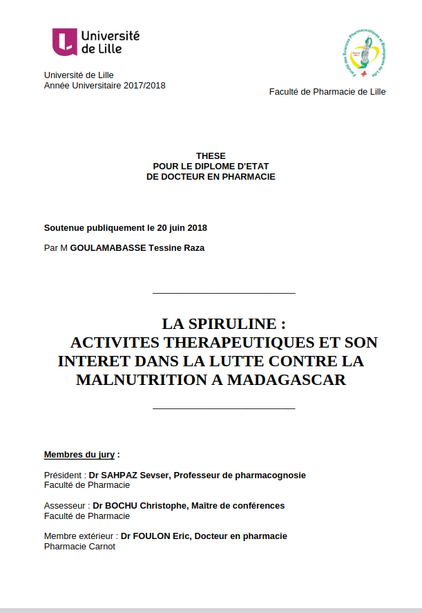 La spiruline : activité thérapeutiques et son interet dans la lutte contre la malnutrition à Madagascarar