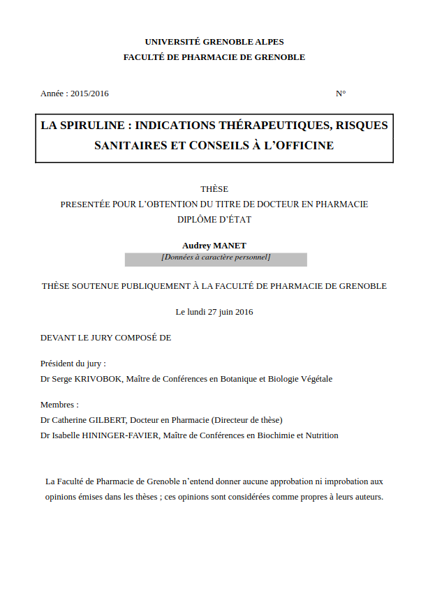 La spiruline : indications thérapeutiques, risques sanitaires et conseils à l’oﬀicine