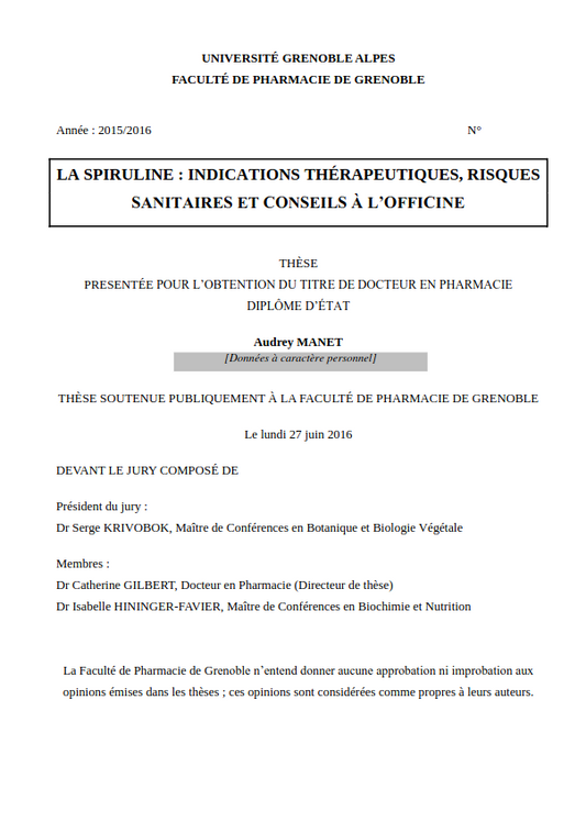 La spiruline : indications thérapeutiques, risques sanitaires et conseils à l’oﬀicine